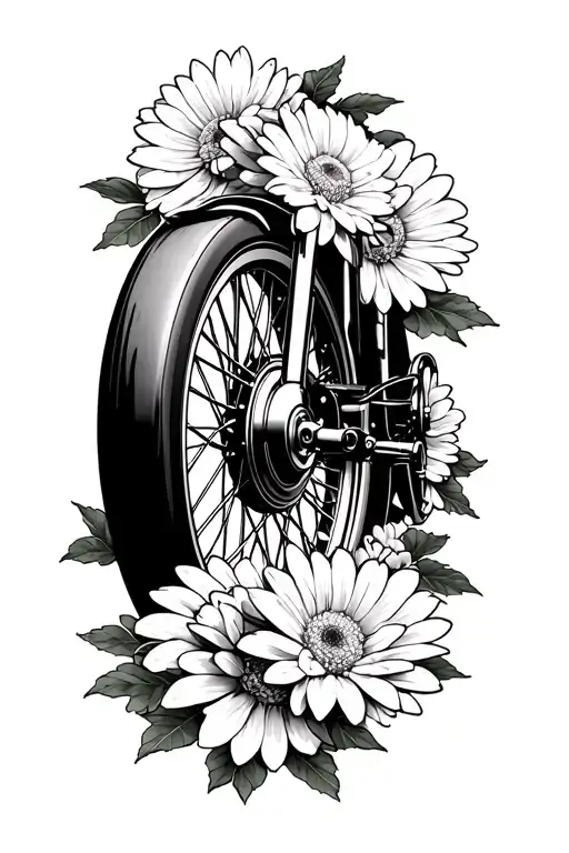 "Japanese chrysanthemums envelop" Japanese chrysanthemums and a motorcycle wheel tattoo design idea