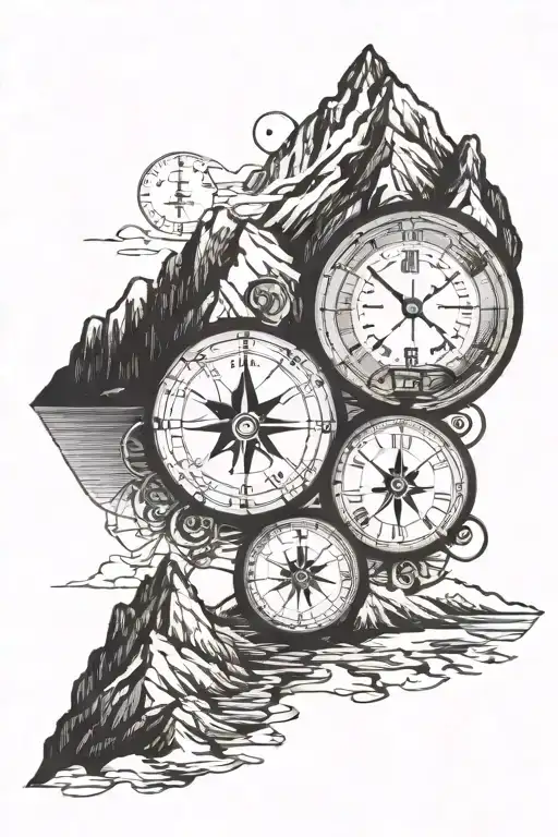 compass, clock and mountain range tattoo design idea