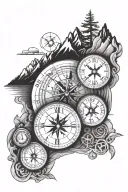 compass, clock and mountain range tattoo design idea