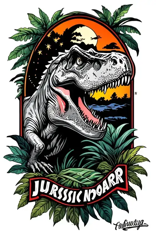 jurassic park style tattoo with some plants, a T-rex and the night sky all in amber tattoo design idea
