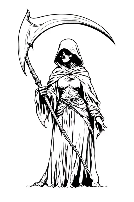 female grim reaper holding a scythe tattoo design idea