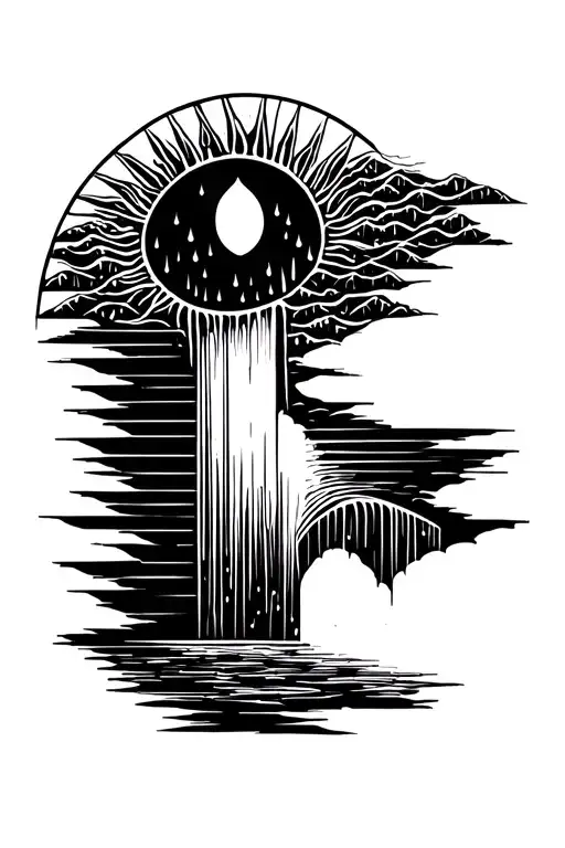 a sun melting into a waterfall that turns into rain drops tattoo design idea