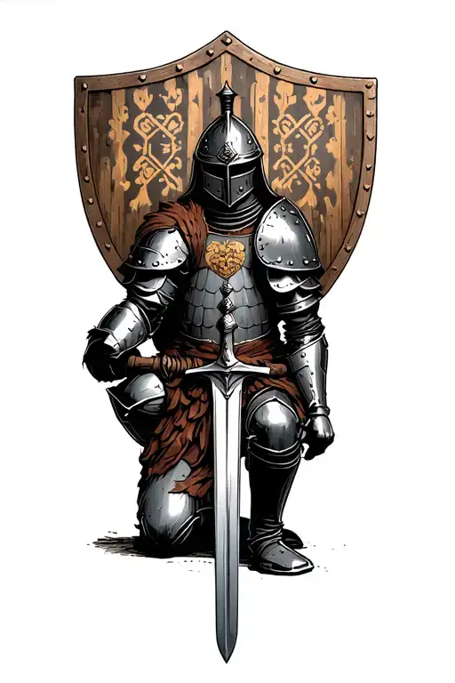 Scottish knight kneeling on one knee in armor wielding sword and shield and the shield has the scottish coat of arms o  tattoo design idea