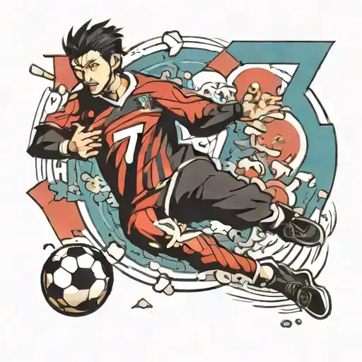 japanese anime style footballer with number 7 on his shirt, kicking a ball, and the surrounding is like an puzzle tattoo design idea