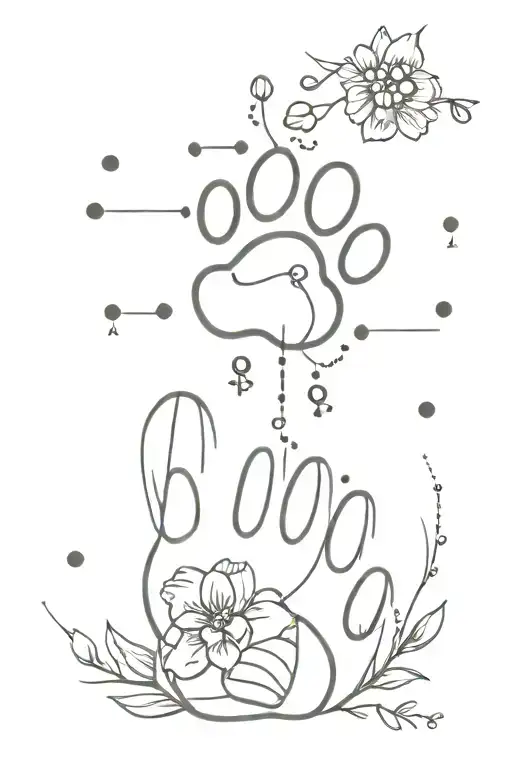 dog paw print and flowers and Morse code tattoo design idea