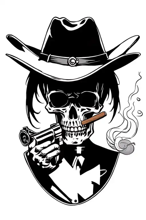 skeleton wearing cowboy hat smoking cigar with a revolver in a japanese traditional style red and black tattoo design idea