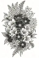 lily of valley, cosmos, delphinium, primrose, aster, poppy, chrysanthemum bouquet hip simple tattoo design idea