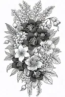 lily of valley, cosmos, delphinium, primrose, aster, poppy, chrysanthemum bouquet hip simple tattoo design idea