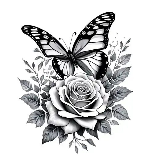 butterfly and roses intertwined tattoo design idea