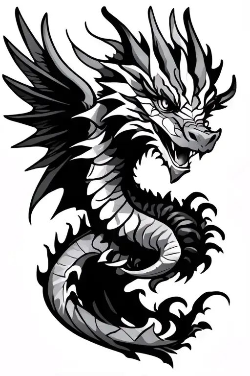 side portrait of tribal dragon with wings long tail and pretty tattoo design idea