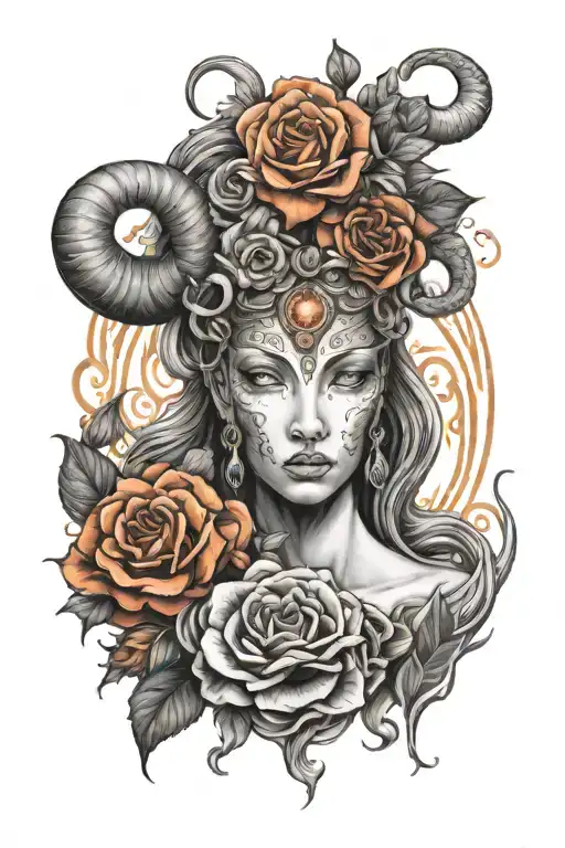 goddess Aries surrounded by fire and roses intertwined tattoo design idea