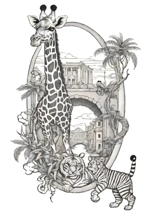 giraffe and tiger in an arch with a panda walking forward in the middle of the arch tattoo design idea