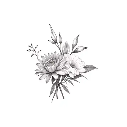 birth flower bouquet with water Lily, gladiolus, chrysanthemum, and rose tattoo design idea