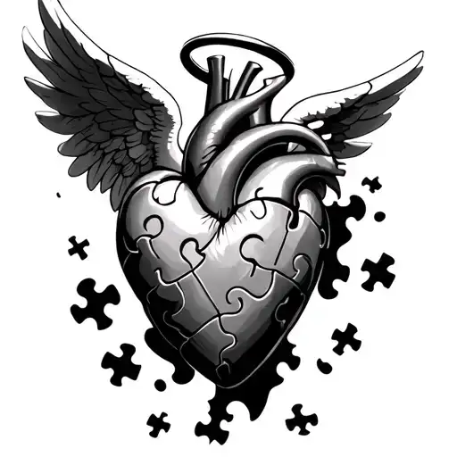 realistic heart with puzzle piece falling out with angel wings and halo  tattoo design idea
