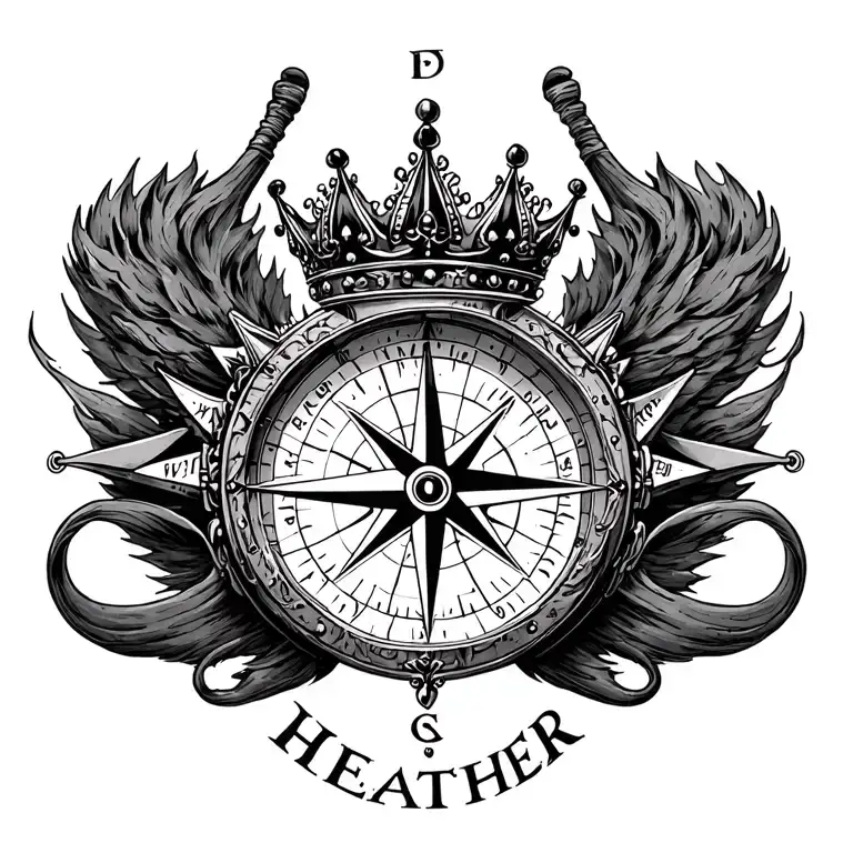 true north compass with queen's crown and name "Heather" tattoo design idea