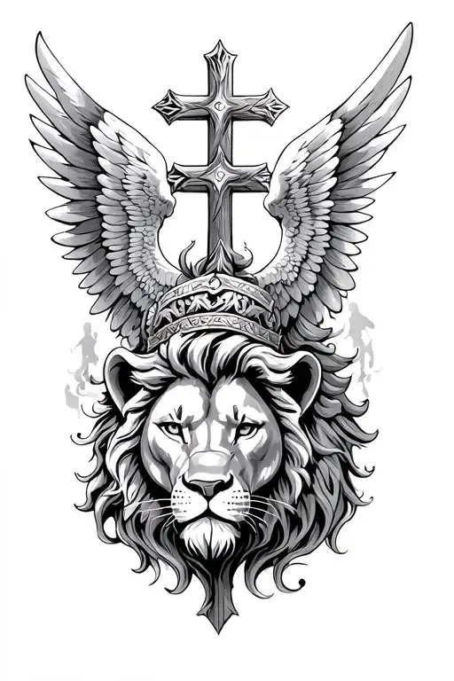 st Michael swad with angle wings speed to cross under that brave lion tattoo design idea