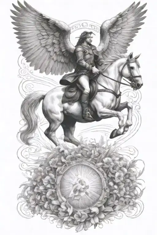 angel ride horse galloping through a field tattoo design idea