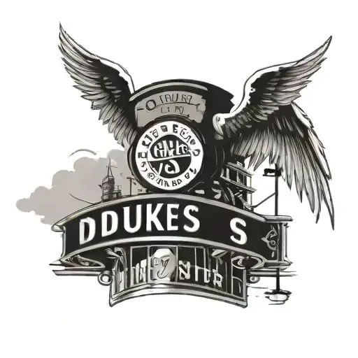 Restaurant named "Duke's" with a flying angel falling outside of it. Next to it, a street sign that reads "Main St." tattoo design idea