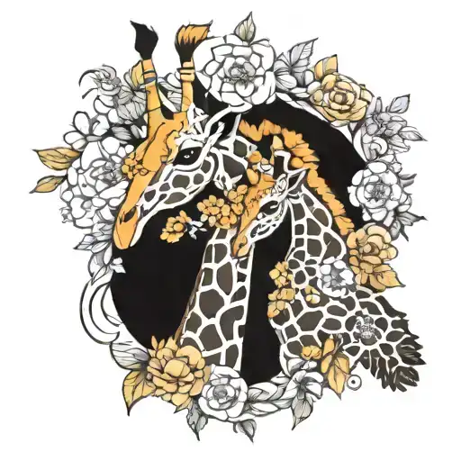 giraffe mum and baby flowers intertwined tattoo design idea