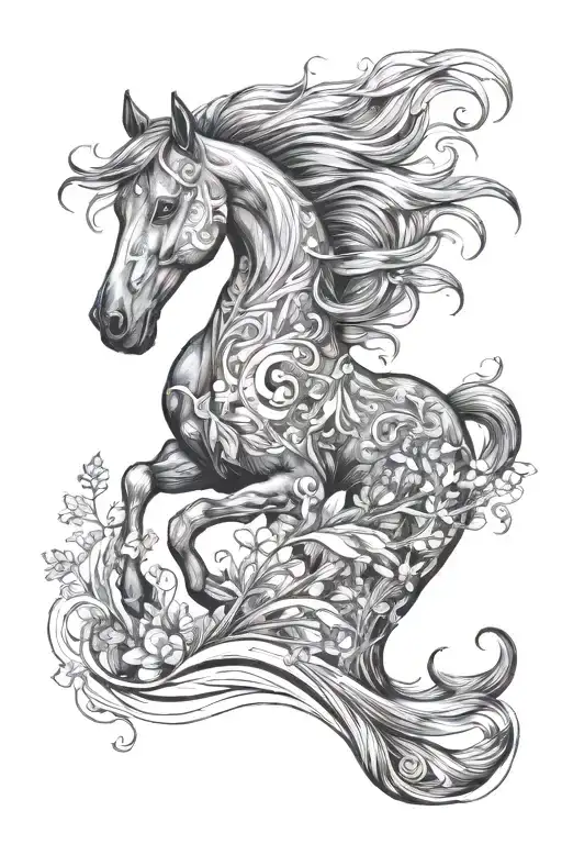 kelpie horse realistic shrowded in plants from the ocean and water, very flowing tattoo design idea