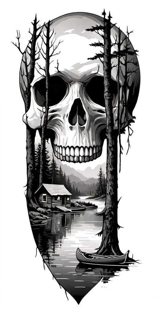Forest scene where tree limbs create a skull. the let half of the forest shows a cabin on a lake with a canoe tattoo design idea