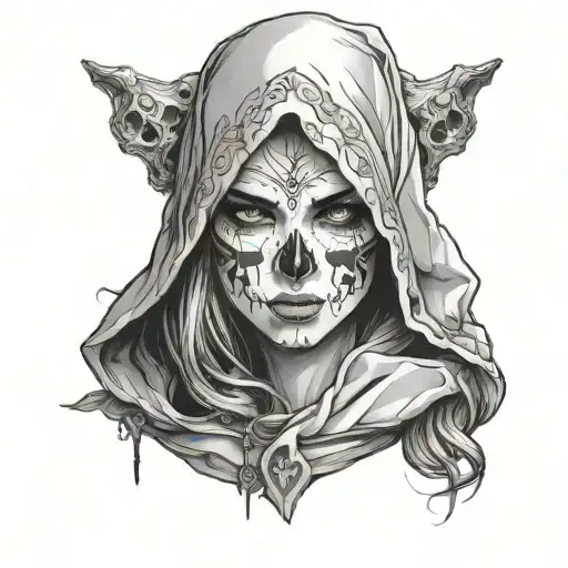 A female with light eyes wearing a hood is looking forward and half her face is a skull slighty showing through her skin tattoo design idea