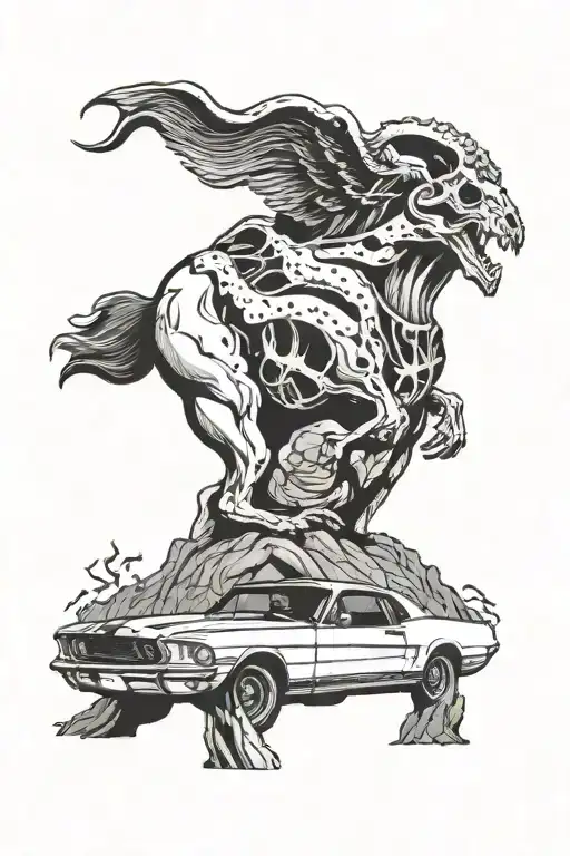 I want a tattoo on my left arm that includes the following: a 1967 Mustang, a Desert Eagle 5.0, the sea, a ram's skull,  tattoo design idea