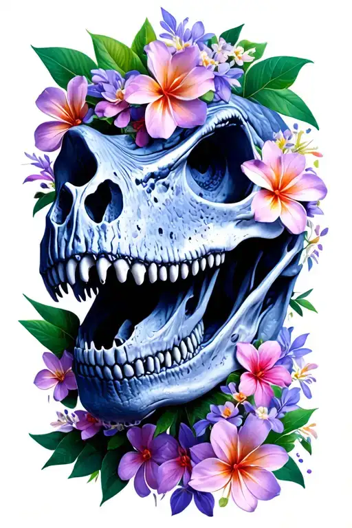 dinosaur skull and Sri lankan Jasmine flowers tattoo design idea