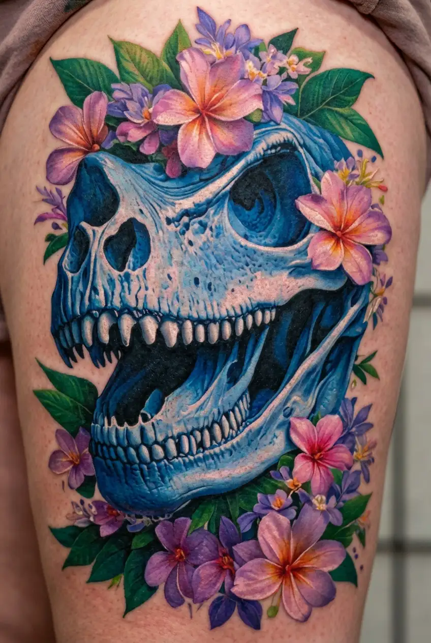 dinosaur skull and Sri lankan Jasmine flowers tattoo design idea