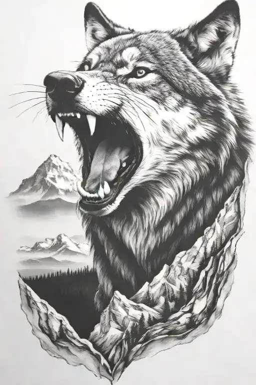 growling wolf face and realistic rocky mountains inside tattoo design idea