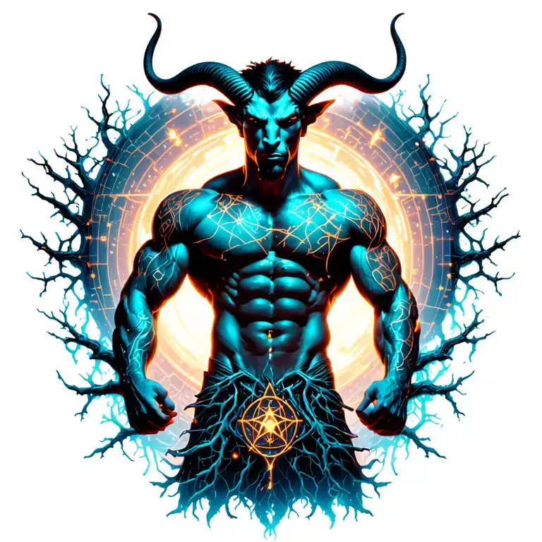 sexy gay male horned satyr with massive bodybuilder muscles flex. cyber tree roots, vines and constellations tattoo design idea
