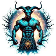 sexy gay male horned satyr with massive bodybuilder muscles flex. cyber tree roots, vines and constellations tattoo design idea