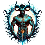 sexy gay male horned satyr with massive bodybuilder muscles flex. cyber tree roots, vines and constellations tattoo design idea