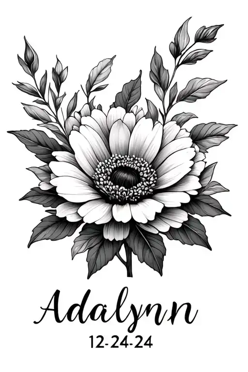 December birth flower with name Adalynn and date of 12-24-24 tattoo design idea