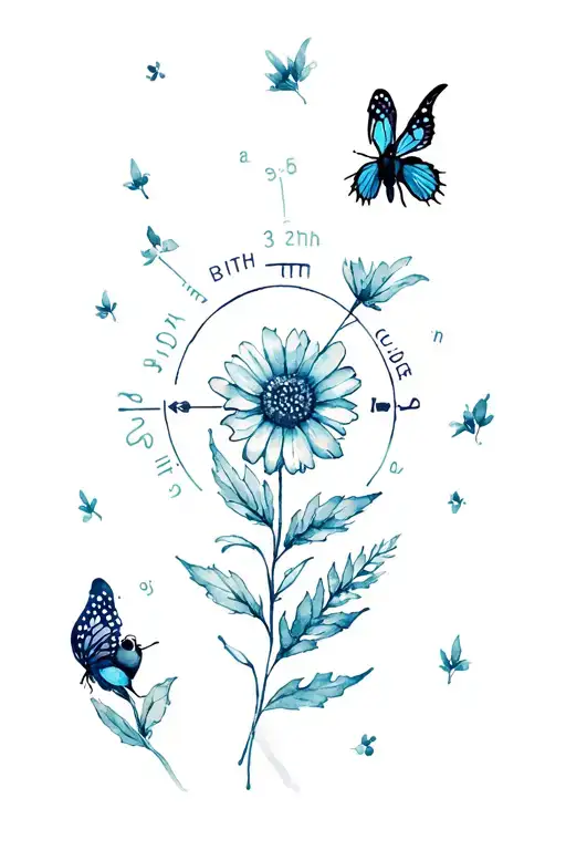 Watercolour fine line tattoo. Include astrology, and small bumblebee and a small peacock butterfly november birth flower tattoo design idea