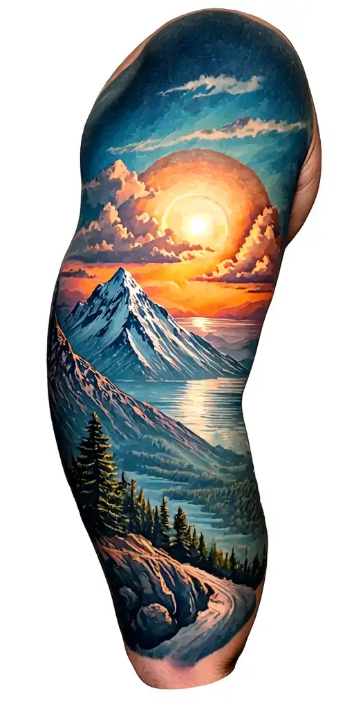 mountain sleeve and a sun rising tattoo design idea