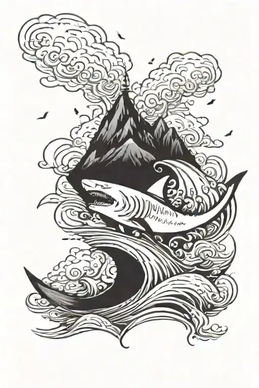 a ship is moving in a storm. below a shark is jumping on a ship with its mouth open. in the background there are mountains in the fog, clouds above tattoo design idea