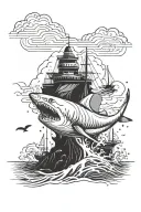 a ship is moving in a storm. below a shark is jumping on a ship with its mouth open. in the background there are mountains in the fog, clouds above tattoo design idea