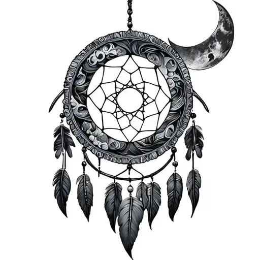 dream catcher with moon made entirely of intricate tattoo design idea