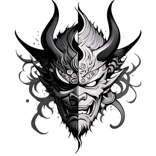 oni mask split in half sleeve tattoo tattoo design idea