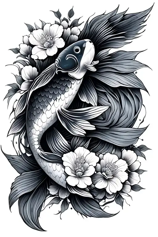 mandala woth Japanese koi, blossoms tattoo design idea