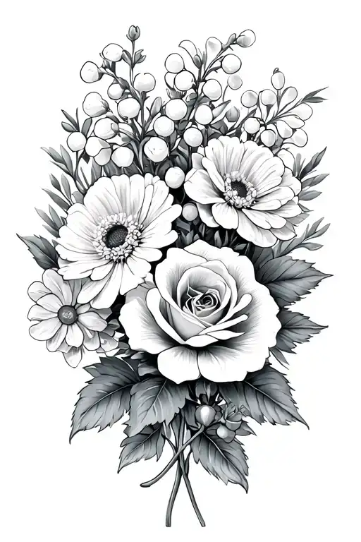 Carnations, rose, Chrysanthemums and lilly of the valley tattoo design idea