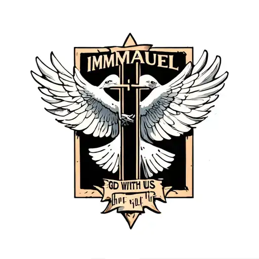 Cross with dove with wording Immanuel on top and God with us on the bottom tattoo design idea