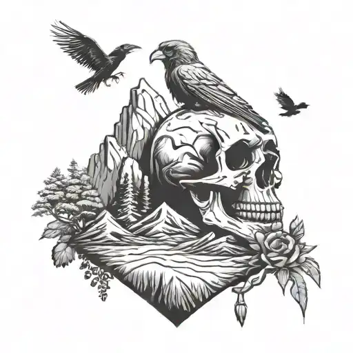 mountain of skull with a crow on top  tattoo design idea