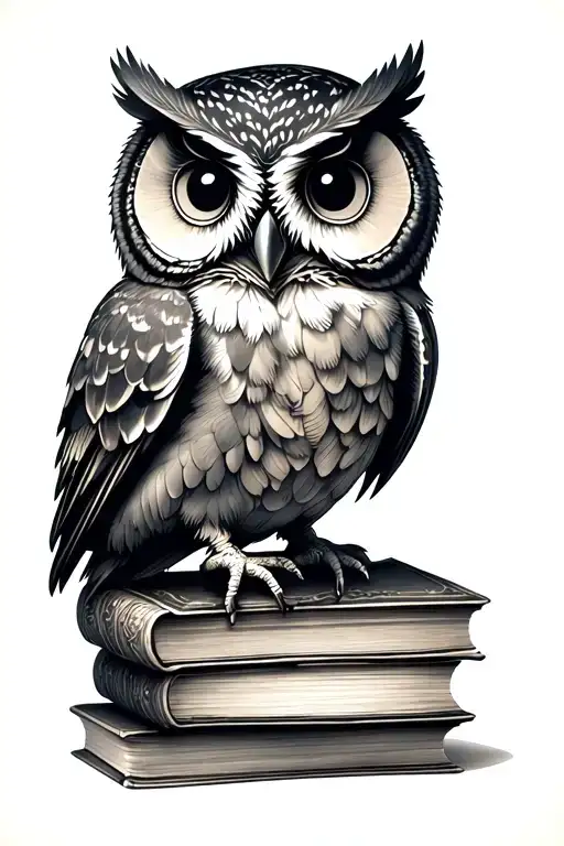 cute owl sitting on stack of antique books tattoo design idea