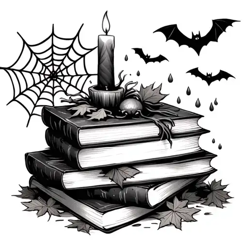  stack of books and fallen leaves falling with a spider web, candle, and bats tattoo design idea
