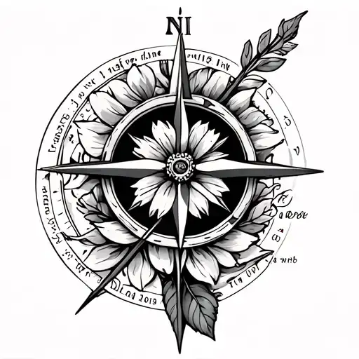 arrow with compass and gardina flower with birth date tattoo design idea