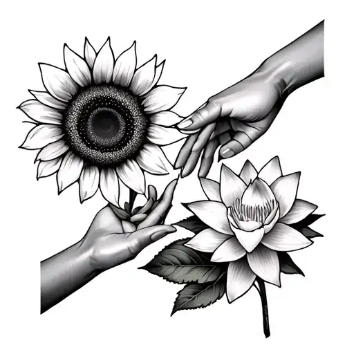 sunflower and waterlily and daffodil. 2 hands reaching towards each other tattoo design idea