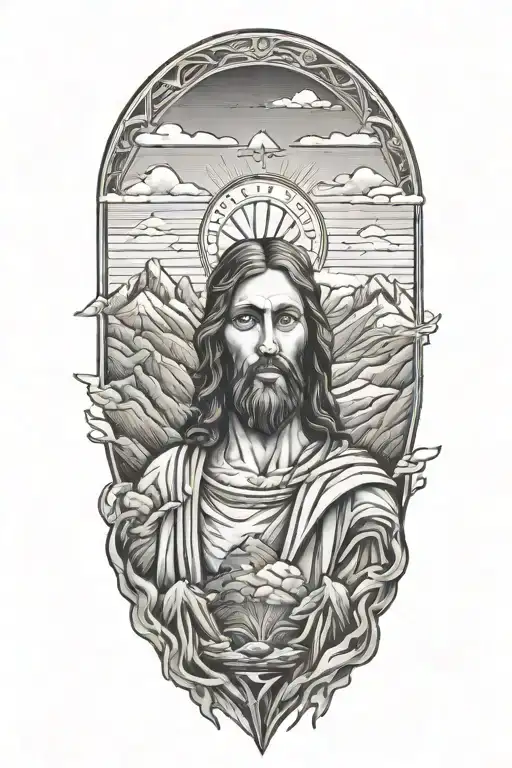 Jesus surrounded by mountains panorama tattoo design idea