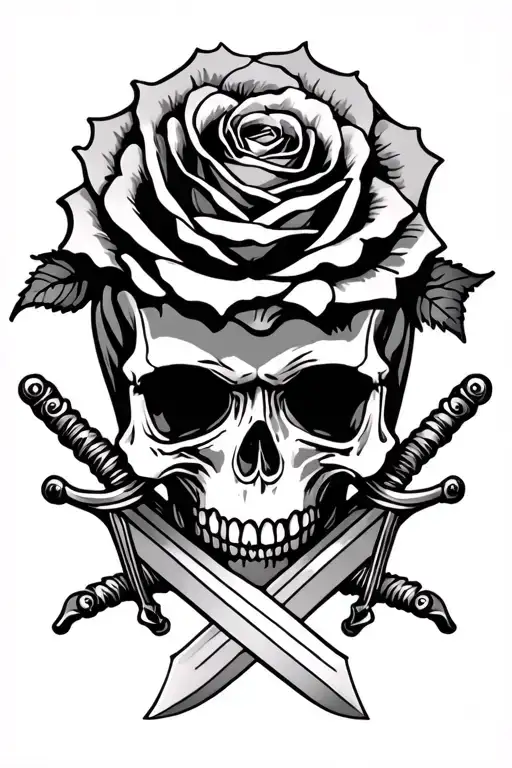 skull rose swords crossed tattoo design idea